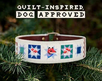 Foxshrooms Quilt Inspired Leather Dog Collar | FoxMoth Exclusive Fabric