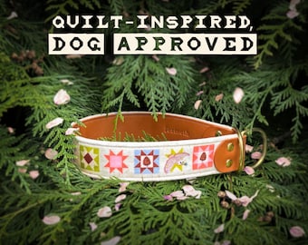 Owly Pines Quilt Inspired Leather Dog Collar | FoxMoth Exclusive Fabric