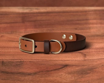 Two Tone Waterproof Dog Collar | Saddle x Sienna | Solid Brass Hardware, Handmade in Oregon
