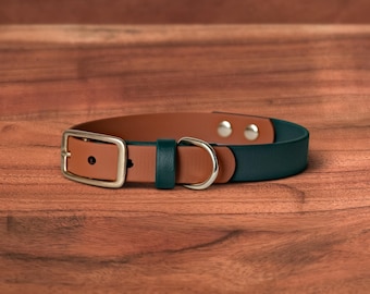Two Tone Waterproof Dog Collar | Evergreen x Sienna | Solid Brass Hardware, Handmade in Oregon