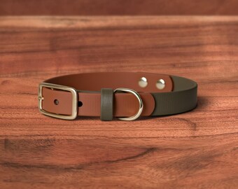 Two Tone Waterproof Dog Collar | Moss x Sienna | Solid Brass Hardware, Handmade in Oregon