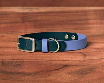 Two Tone Waterproof Dog Collar | Evergreen x Iris | Solid Brass Hardware, Handmade in Oregon