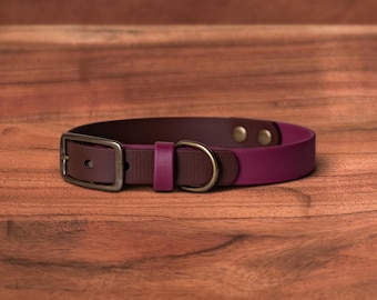 Two Tone Waterproof Dog Collar | Merlot x Saddle | Solid Brass Hardware, Handmade in Oregon