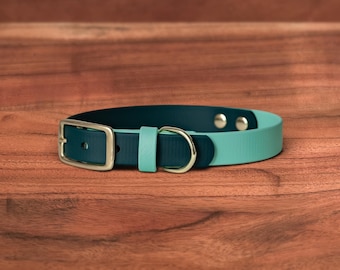 Two Tone Waterproof Dog Collar | Evergreen x Breeze | Solid Brass Hardware, Handmade in Oregon