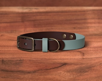 Two Tone Waterproof Dog Collar | Sage x Saddle | Solid Brass Hardware, Handmade in Oregon