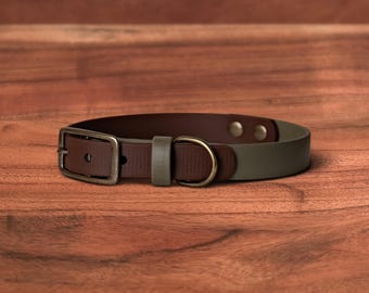 Two Tone Waterproof Dog Collar | Moss x Saddle | Solid Brass Hardware, Handmade in Oregon