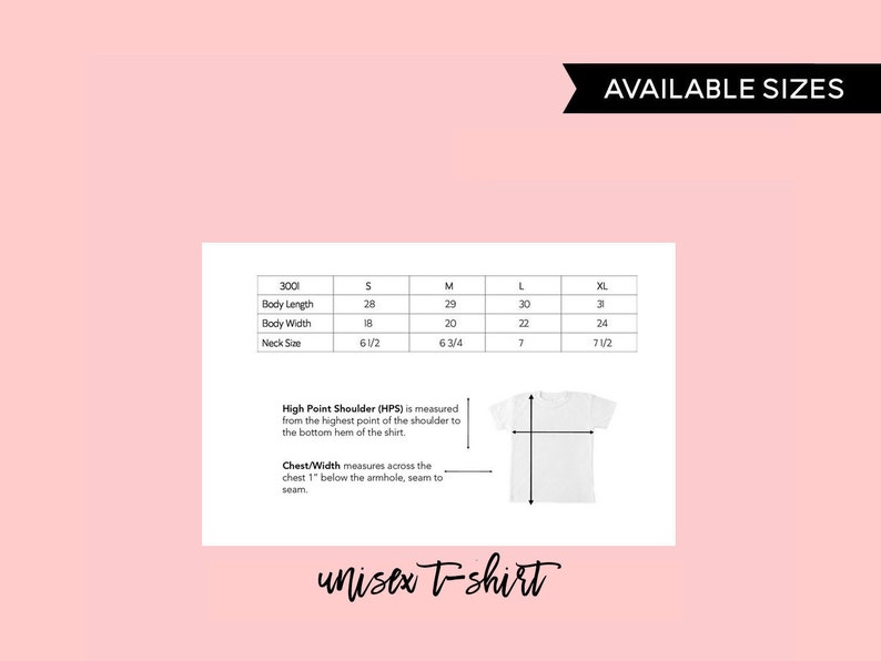 May include: A size chart for a unisex t-shirt with measurements in inches for body length, body width, and neck size. The chart shows sizes S, M, L, and XL.