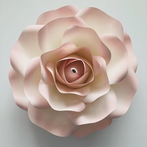 May include: A large, paper flower in shades of pink and cream. The petals are layered, creating a full, dimensional bloom. The center of the flower has a dark, circular detail. The flower is likely a decorative item, possibly for events or home decor.
