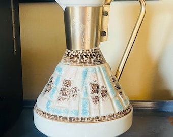 Vintage  C. Miller Ceramic Pitcher with Brass Handle - Cream, Brown & Light Blue