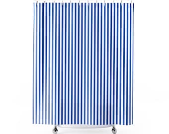 Marine Blue and White Striped Shower Curtain: Modern Bath Decor, 70" x 73"