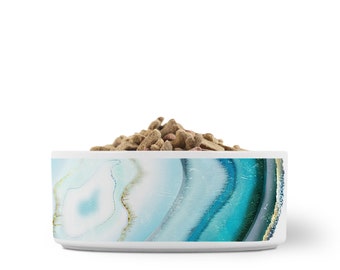 Ceramic Pet Bowl, Abstract, Agate Slice Art Print, Aqua, Turquoise, Gold, Dog Food Dish, Cat Water Bowl