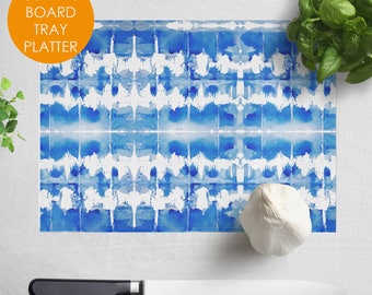 Shibori Kaleidoscope Tie Dye Glass Cutting Board, Blue, White, Home Bar Decor, Boho Kitchen, Chopping Board, Hostess Gift