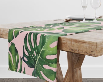Tropical Monstera Leaf Table Runner, Green & Pink