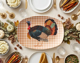 Thanksgiving Turkey Holiday Serving Platter with Orange Gingham, Luxe Plastic Fall Table Decor