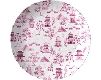 Pink & White Chinoiserie Toile Plate, Luxury Plastic Dinnerware, Choose Single or Set