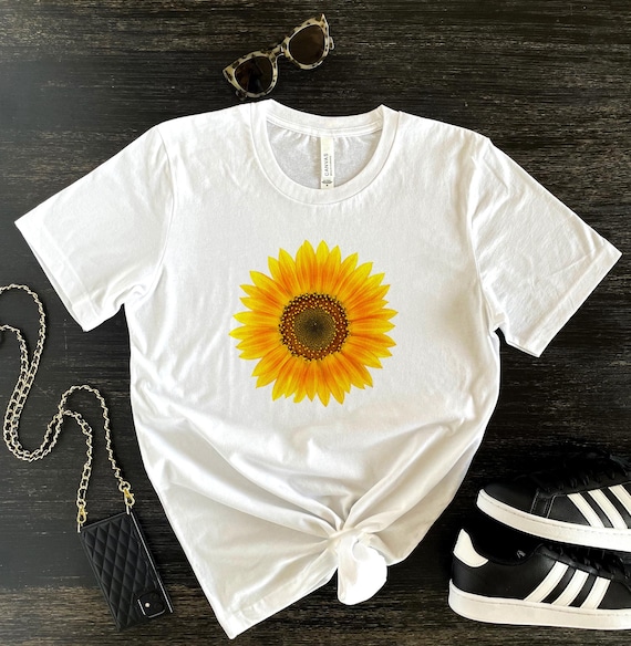 Sunflower Crew Neck T-shirt for Women, White, Flower Tee - Etsy