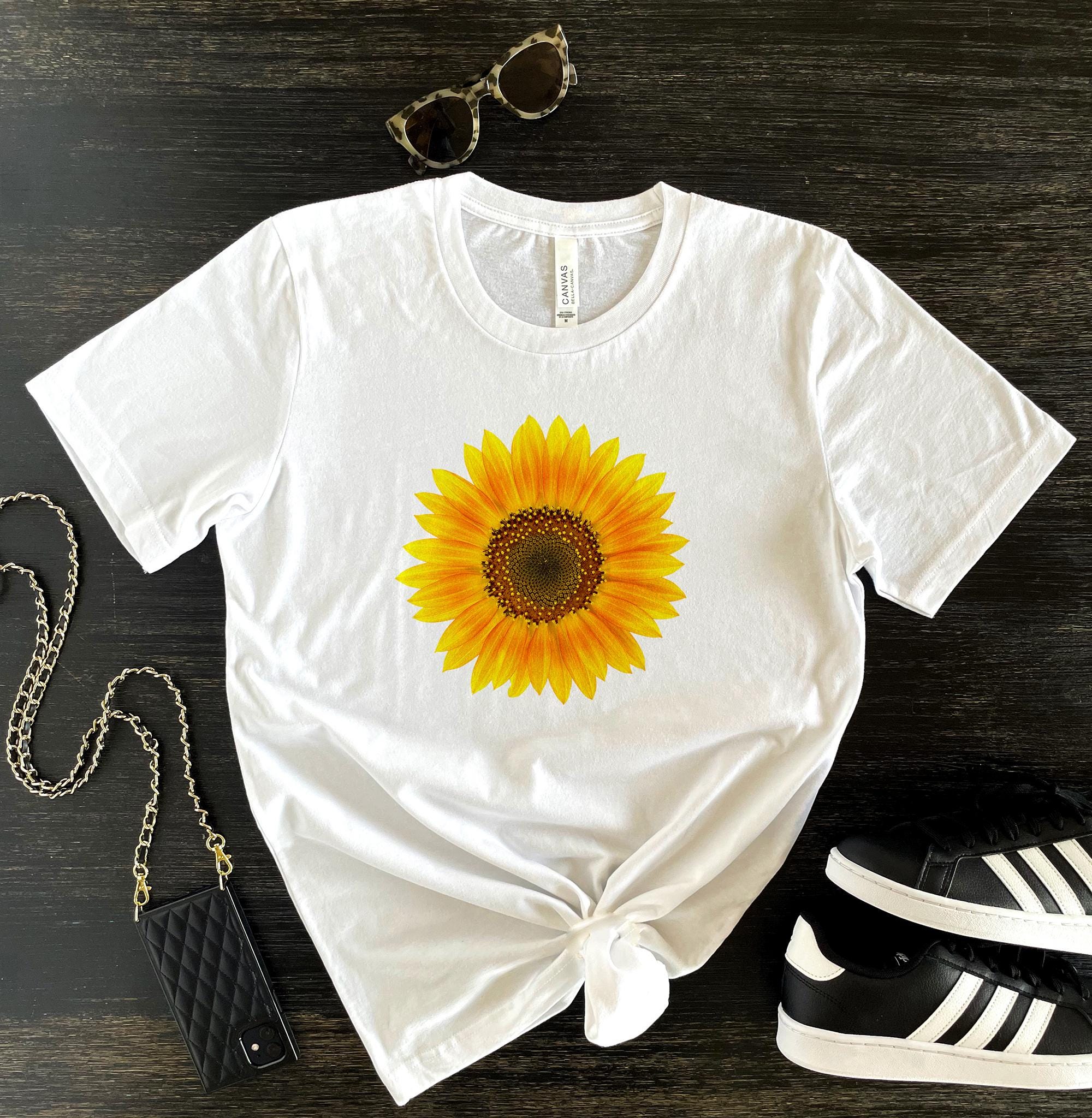 Sunflower Crew Neck T-shirt for Women, White, Flower Tee - Etsy