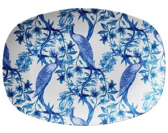 Chinoiserie Platter, Blue & White, Peacocks and Vines Serving Plate, Luxury Plastic Serveware