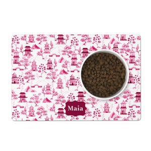 Personalized Pet Feeding Mat, Chinoiserie Toile, Pink and White
