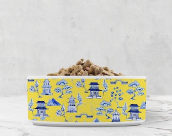 Chinoiserie Toile Dog Bowl, Blue, White and Yellow, Ceramic Pet Dish, Cat Water Bowl