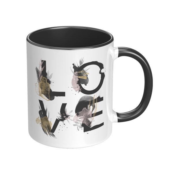 Wabi Sabi LOVE Mug, LOVE Coffee Cup, White with Black Accent Handle, Valentine's Day Gift Idea, Birthday Gift for Her