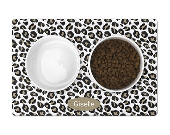 Personalized Dog Bowl Mat, Leopard, Custom Name, Cat Dish Mat