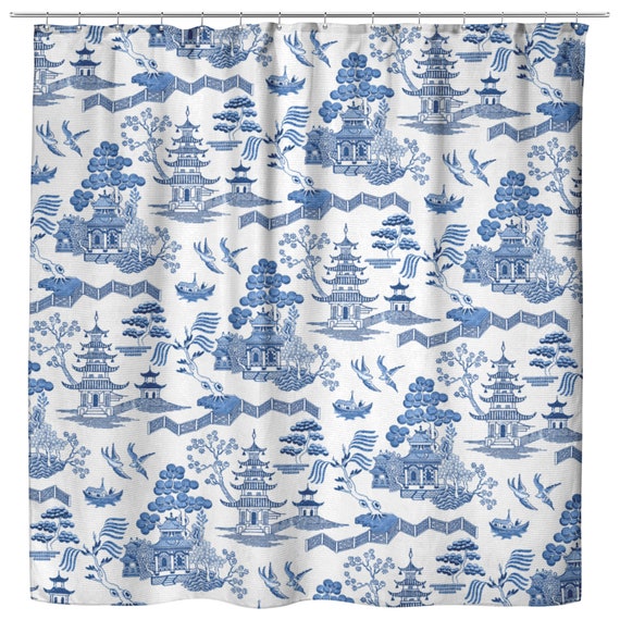 Chinoiserie Toile Print Shower Curtain, Navy Blue Toile Shower Curtain