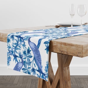 Chinoiserie Print Table Runner, Peacocks and Vines, Blue & White
