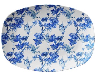 Blue and White Chinoiserie Platter, Cranes and Peonies, Floral Platter, Plastic Serving Platter