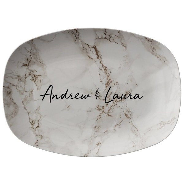 Personalized Platter, Marble Print Serving Dish, Plastic Serving Plate, Monogram Gift, Off White, Beige, Brown