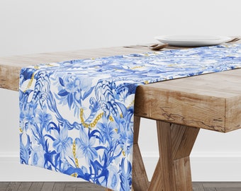 Chinoiserie Table Runner, Jungle Print, Blue & White, Tiger Motif, Gold Chain Pattern, 16"W x 90"L