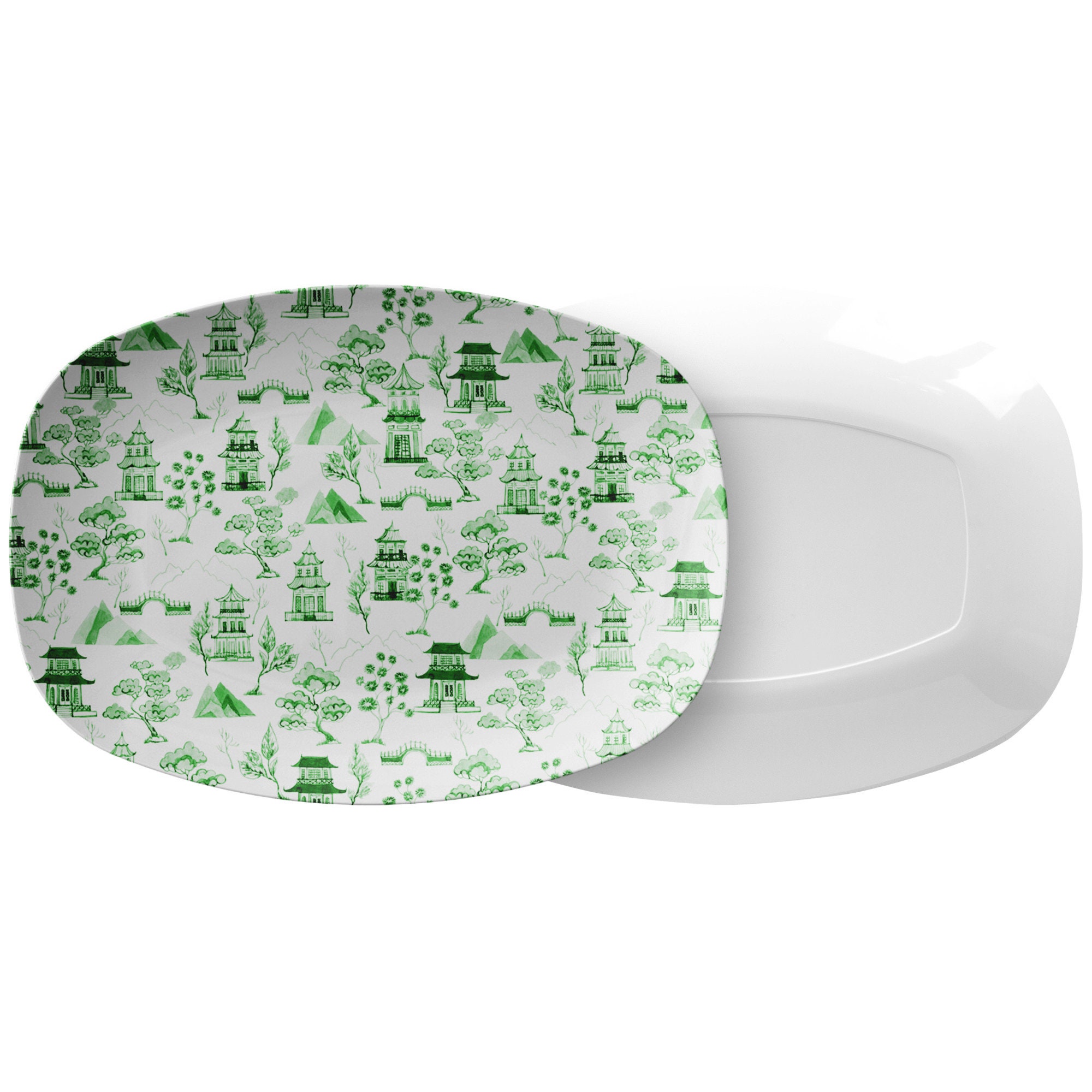 Toile Serving Platter, Green and White, Chinoiserie, Luxury