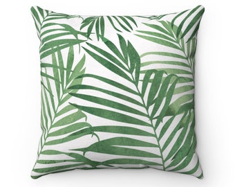 Palm Leaf Pillow Cover, Palm Pillow, Palm Throw Pillow, Palm Leaf Cushion Cover, Faux Suede Square Pillow Cover: Green & White, 18" x 18"