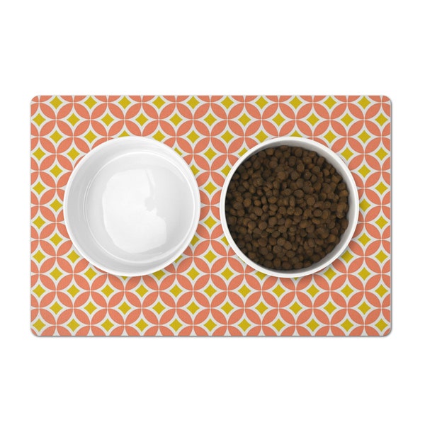 Modern Pet Placemat, Mid-century modern dog food mat, Coral, Yellow-gold and White