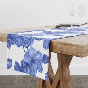 Floral Chinoiserie Table Runner, Oversized Lily Blooms, Blue & White