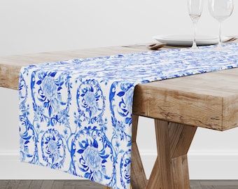 Chinoiserie Print Table Runner, Floral Roses, Blue & White