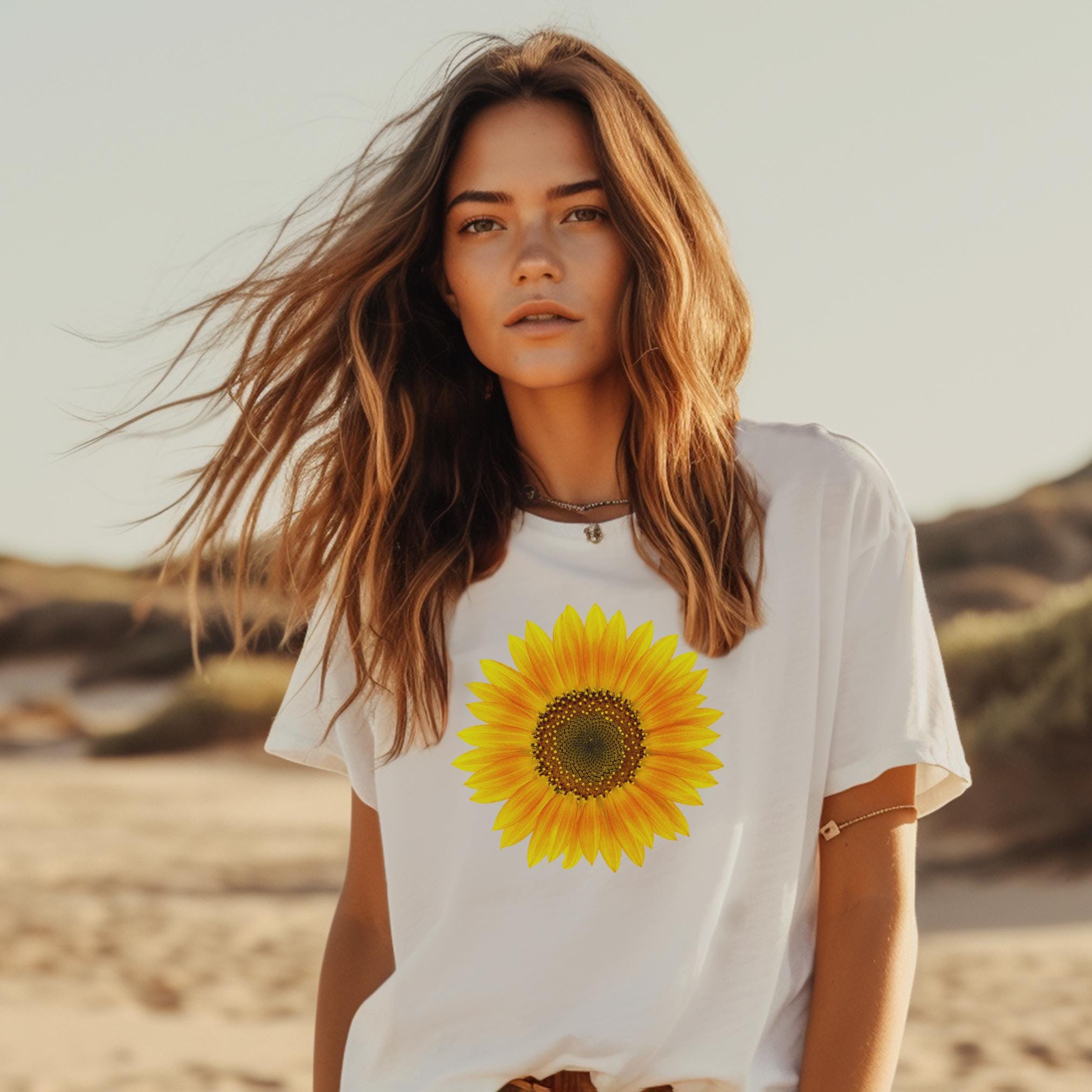 Sunflower Crew Neck T-shirt for Women, White, Flower Tee - Etsy