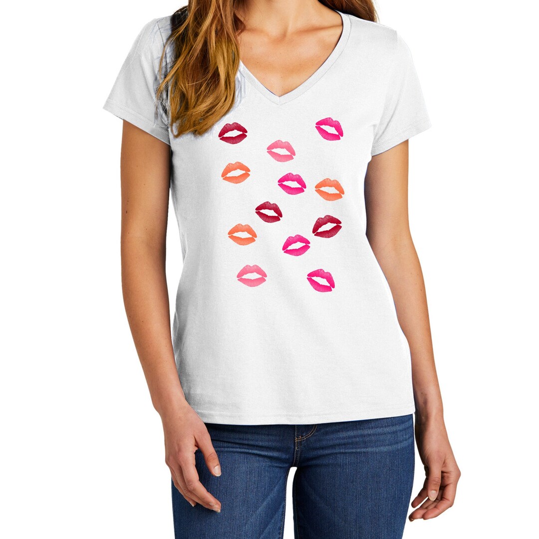 Lips Print Tshirt, Lipstick Kisses Shirt, Allover Lips Print Vneck Tee, Choose White, Pink or