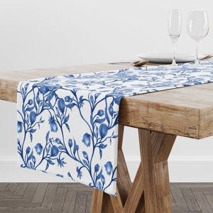 Indigo Blue Flower Buds Chinoiserie Table Runner: Floral Table Decor, 16&quot; x 90&quot;