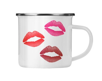 Watercolor Lips Camping Mug, White Enamel and Stainless Steel Mug, Valentine's Day Gift, Lipstick Kisses Cup