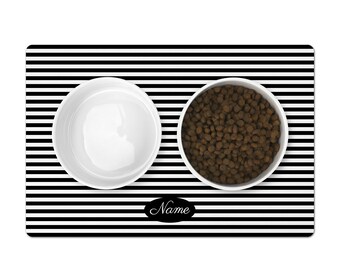 Personalized Pet Mat Black and White Stripe, Dog Food Mat Custom Name, Customized Cat Dish Placemat