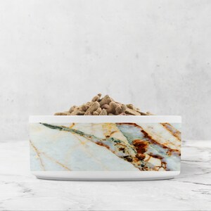 Marble pattern dog bowl in white, grey and rust. Made from ceramic.
