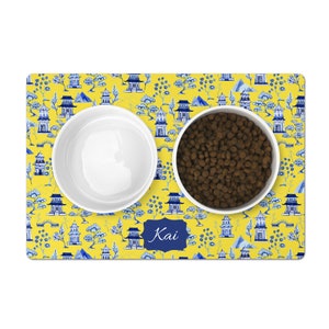 Personalized Pet Bowl Mat, Chinoiserie Toile, Yellow, Blue, Customizable Dog or Cat Placemat