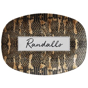 Luxurious snakeskin platter personalized with any name, word or initials.  Oval platter with black and gold snakeskin design.