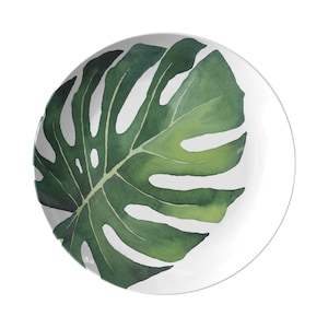 Monstera Leaf Dinner Plate: Tropical Green & White, Luxury Plastic, Single or Set
