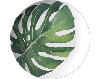 Tropical Leaf Plates, Set of 4, Tropical Monstera Leaf Dinnerware, Monstera Leaf Plates, Green & White Plates, Plastic Plates, Outdoor Plate