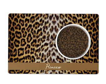 Personalized Pet Bowl Mat, Leopard Fur Print Dog Feeding Mat, Custom Name Cat Dish Placemat