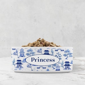 Personalized Dog Bowl, Chinoiserie Toile, Blue and White