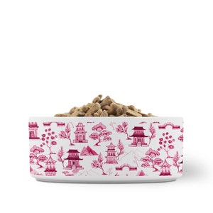 Chinoiserie French Toile Dog Bowl, White & Pink Pet Bowl, Ceramic Water Bowl, Pet Gift, Cat Dish