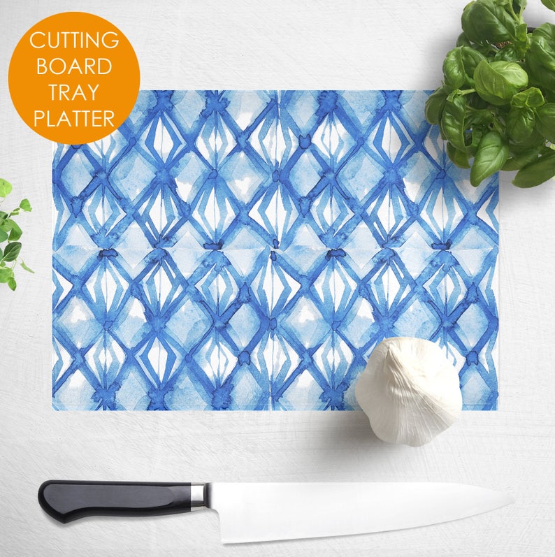 Boho Hostess Gift under 30 Unique Cutting Board Blue White Kitchen Tie Dye Shibori Chopping Board Decorative Glass Cutting Board